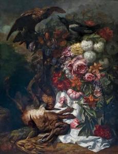 PELLETIER Antoine Jules,Nature morte aux fleurs, oiseaux et lièvre,1861,Saint Germain en Laye encheres-F. Laurent 2014-09-28