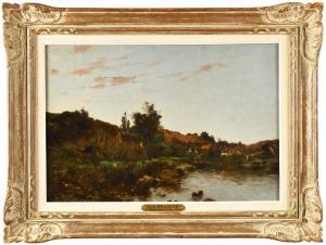 PELOUSE Leon Germain 1838-1891,Le pont-Scorff près de Lorient au coucher du solei,Osenat 2024-04-07