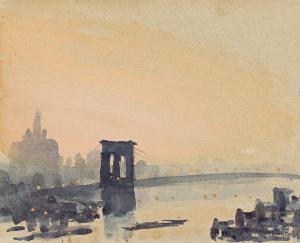Pennell Joseph 1857-1926,New York, Brooklyn Bridge at Sunset,1900,Swann Galleries US 2024-03-14