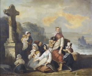 PERCOLOZZI M,Betende Frauen mit Kindern vor einem Steinkreuz.,Dobiaschofsky CH 2009-05-13