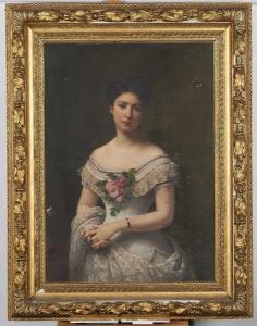 PERIGNON Alexis N. le jeune,Portrait d'élégante au bouquet de roses,1848,Adjug'art 2017-07-25