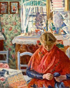 Perlmutter Izsák 1866-1932,Girl with Red Kerchief in a Room,1929,Kieselbach HU 2022-10-14
