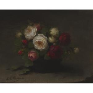 PERMAN Louisa Ellen 1854-1921,RED, WHITE AND PINK ROSES IN A BLACK VASE,Waddington's CA 2023-02-02