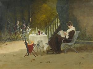 PERRET Antoine 1843-1889,Lesende junge Frau im Garten,Dobiaschofsky CH 2008-11-12