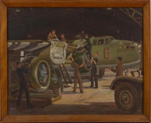 PERRIN John W,Mechanics working on a Douglas Boston Bomber in a ,1944,Tooveys Auction 2016-06-15