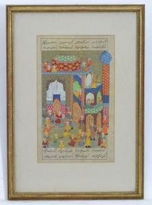 PERSIAN SCHOOL,A mosque with minaret with figures, bordered by sc,Claydon Auctioneers UK 2021-08-04