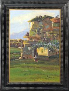 PESSINA Giuseppe 1893-1967,Paesaggio con case e figura,Pirone Casa d'Aste IT 2021-02-02