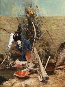 PETERS Anna 1843-1926,Still life with garden tools and a bush by a wall,Bruun Rasmussen 2024-03-11