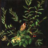 PETERSEN Angelo,Robin and ladybird on a branch of blooming honeysu,1880,Bruun Rasmussen 2011-09-12