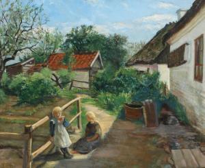 PETERSEN Sophie 1845-1910,Farm exterior with two girls in the sun light,Bruun Rasmussen 2023-05-08