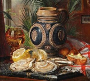 PETERSEN Sophus 1837-1904,Still-life with oyesters and wine jug,1892,Bruun Rasmussen DK 2020-06-15