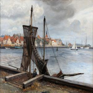 PETERSEN Tom 1861-1926,Scene from Faaborg harbor with a towards the town,Bruun Rasmussen 2014-11-24