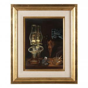PETERSON Pete 1931-2002,Mirrored Still Life with Lamp and Cigarette,1975,Leland Little US 2022-12-15
