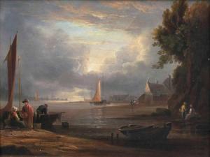 PETHER Abraham 1756-1812,Estuary with Ship Yard and Town,Stahl DE 2018-02-24