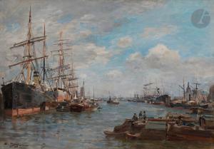 PETITJEAN Edmond Marie 1844-1925,Anvers, bateaux au port,Ader FR 2023-10-27