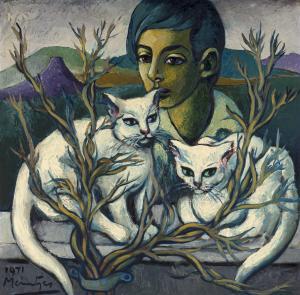 Petrus Meintjes Johannes 1923-1980,Boy with White Cats,1971,Strauss Co. ZA 2023-09-18