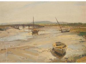 PETTINGER John Frederick 1800-1900,Boats moored on a beach with fields and hills in,1877,Duke & Son 2015-04-16