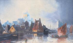 pettit william 1900-1900,riverside scene with houses, boats and figures,Jones and Jacob 2020-03-11