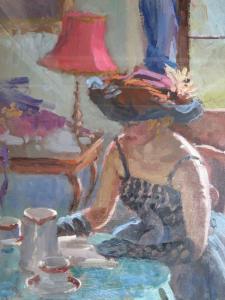 PETTITT Roy 1935,Impressionist interior scene with young woman at a,1992,Cuttlestones GB 2021-09-02