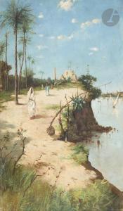 Piatti Prospero 1842-1902,Égypte, chemin de halage animé au bord du Nil,Ader FR 2021-11-25