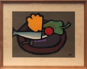 PIATTI Ugo 1890-1953,Stilleben mit Fisch und Gemüse auf braunem Teller,Bloss DE 2017-03-20