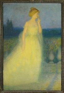 PICARD Louis 1861-1940,Elégante à la robe jaune soufflant une fleur,1908,VanDerKindere BE 2021-03-24