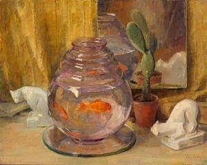 PICHON Tony 1891-1962,Stilleben mit Goldfischglas, Kaktus und zwei weiße,Zeller DE 2018-12-05