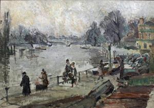 PICKARD Louise,The Thames at Richmond" - River scene with figures,Canterbury Auction 2013-12-06