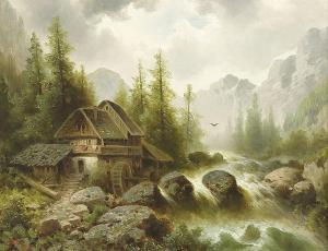 PICKERT Anton 1876-1941,Tosender Wildbach mit Mühle im Gebirge,Winterberg Arno DE 2022-10-22