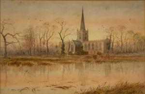 PIKE Frederick William 1870-1890,riverscape with church,Gilding's GB 2021-03-30