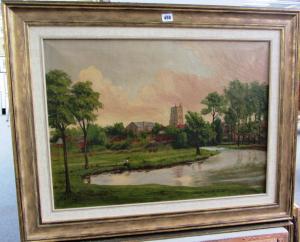 PIMM F.G,River scene with church and village beyond,1915,Bellmans Fine Art Auctioneers GB 2013-04-24