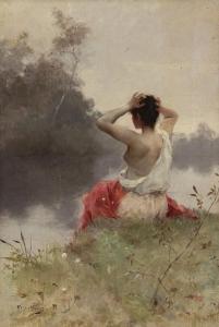 PINCHART Auguste Emile 1842-1924,Femme au bord de la rivière,Piguet CH 2023-03-15