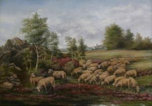 PIROTON H,Kudde schapen op de weide met dorp op de achtergrond,1917,Bernaerts BE 2011-04-04
