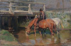 PITZNER Max Joseph,Trinkende Pferde vor einer Bruecke,1898,Schmidt Kunstauktionen Dresden 2017-12-09