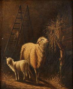 PLAS Laurens 1828-1893,Brebis et agneau dans la bergerie,Horta BE 2022-09-05