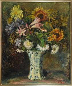 PLATE Anna 1871-1941,Stillleben mit Sonnenblumen, Lilien und Chrysanthemen,Allgauer DE 2018-07-12