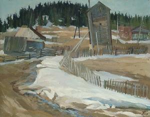 PLATONOV Yuri 1939,snowy road through village,Bonhams GB 2005-07-12