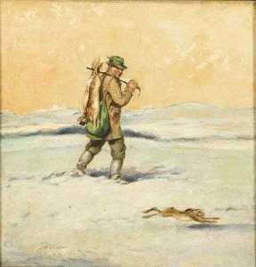 PLUCKEBAUM Karl 1880-1952,Jäger mit Hase im Winter,Wendl DE 2023-10-25