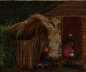 PLUM August 1815-1878,View from a farmyard with little girls playing wit,Bruun Rasmussen 2020-11-16