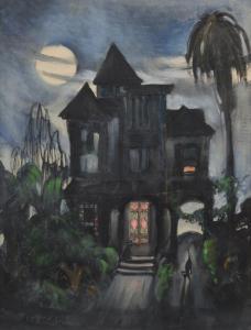 POLITI Leo 1908-1996,House with cats under a full moon,John Moran Auctioneers US 2017-10-24