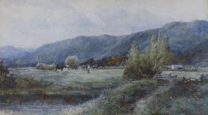 POLLITT Albert 1856-1926,Harvesters viewed from across a river,1897,Gorringes GB 2022-09-12