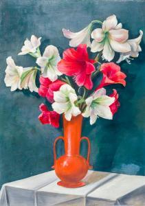 POLUS Otto 1889-1977,Amaryllis in roter Henkelvase auf gefaltetem Tischtuch,Leo Spik DE 2015-07-09