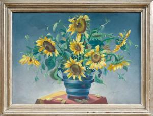 POLUS Otto 1889-1977,Sonnenblumen in gestreifter Tonvase auf Tischchen,Leo Spik DE 2017-03-30