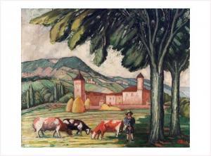 PONCHON Antonin 1885-1965,VACHES PRES D'UNE FERME FORTIFIEE,1926,Anaf Arts Auction FR 2005-03-14