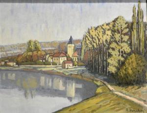 PONCHON Antonin,Village au bord de l'eau, peut-être Montmerle-sur-,Etienne de Baecque 2017-10-19