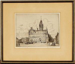 POORTENAAR Jan Christian 1886-1958,Middelburg Town Hall with figures on the stre,Twents Veilinghuis 2013-07-05