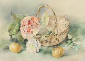POPE Hilda Chancellor,still life with basket of fruit and flowers,Ewbank Auctions 2022-10-26