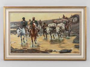 POPP Jon 1862-1953,Reitergruppe mit Ochsengespannen beim Durchqueren ,Mette DE 2020-08-26