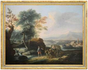 PORTA Tommaso 1686-1766,Paesaggio fluviale con contadini su carro e veduta,Meeting Art IT 2022-11-12