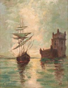 PORTUGUESE SCHOOL,Marine painting with the Tower of Belem,Veritas Leiloes PT 2019-05-28